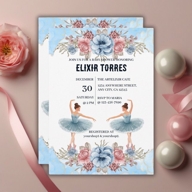 Cute Blue Watercolor Floral Ballerina Baby Shower Invitation (Creator Uploaded)