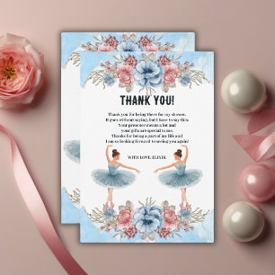 Cute Blue Watercolor Floral Ballerina Baby Shower Thank You Card