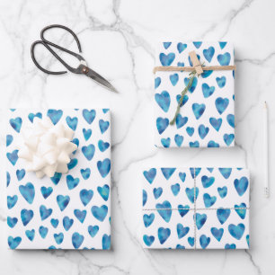 Cute blue watercolor love heart pattern wrapping paper sheet