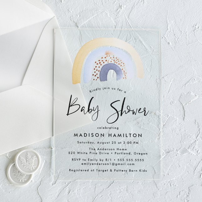 Cute Blue Watercolor Rainbow Baby Shower Acrylic Invitations (Creator Uploaded)