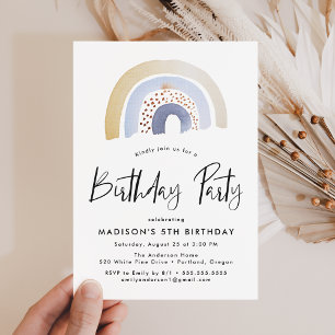 Cute Blue Watercolor Rainbow Birthday Party Invitation