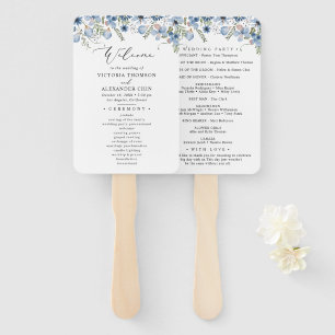 Cute Blue Watercolor Wedding Program Hand Fan