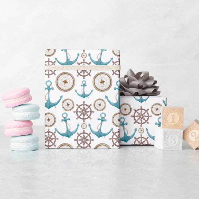 Cute Blue Watercolour Nautical Sailor Pattern Wrapping Paper (Baby Shower)