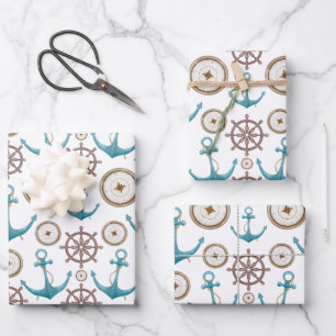 Cute Blue Watercolour Nautical Sailor Pattern Wrapping Paper Sheet