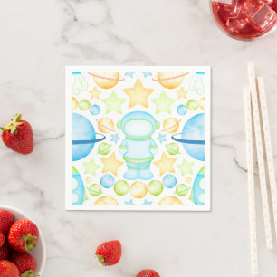 Cute Blue Watercolour Space Astronauts Birthday Napkin