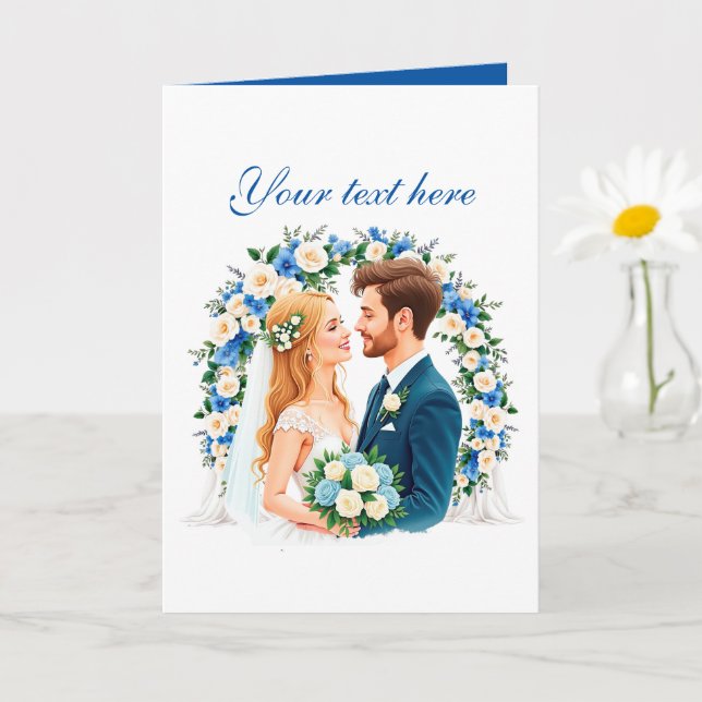 Cute blue wedding couple customisable  card (Small Plant)