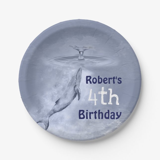 Cute Blue Whale Fourth 4th Birthday Paper Plate (Front)