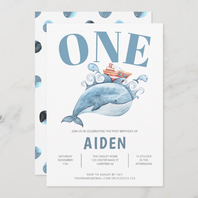 Cute Blue Whale Kids Birthday Party Invitation (Front/Back)