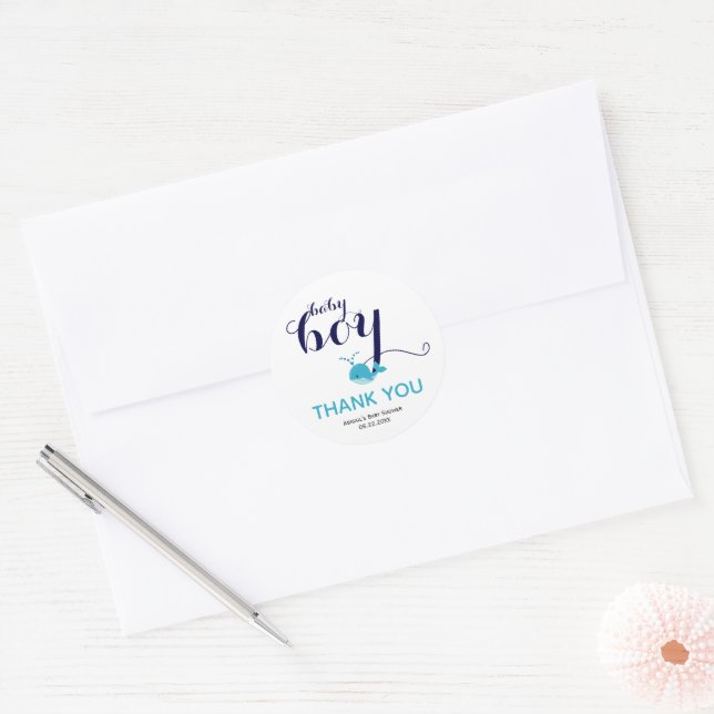 Cute blue whale ocean themed Thank You Baby Shower Classic Round Sticker (Envelope)