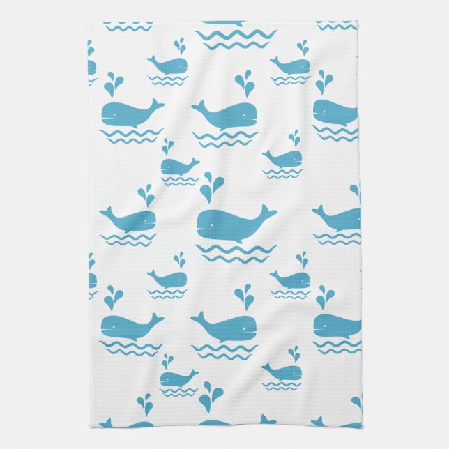 Cute Blue Whale Seamless Ocean Pattern (1) Tea Towel (Vertical)