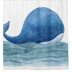 Cute Blue Whale Watercolor Illustration Shower Curtain