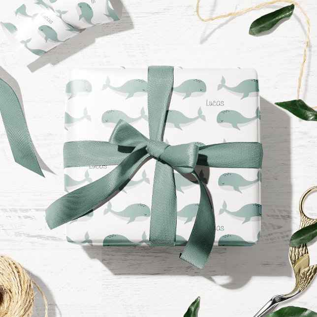 Cute Blue Whale with Personalised Name Little Kid Wrapping Paper (Creator Uploaded)