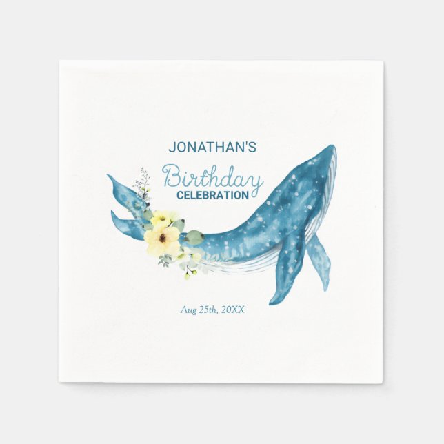 Cute Blue Whale Yellow Floral Birthday Party Napkin (Front)