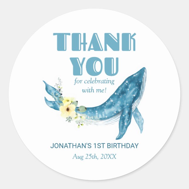 Cute Blue Whale Yellow Floral Birthday Thank You Classic Round Sticker (Front)