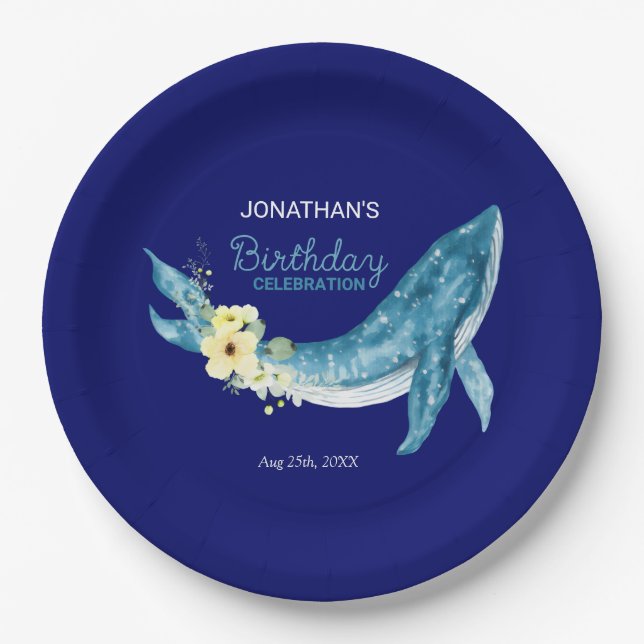 Cute Blue Whale Yellow Floral Navy Birthday Party Paper Plate (Front)