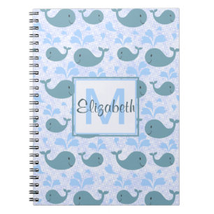 Cute Blue Whales Monogram Pattern Notebook