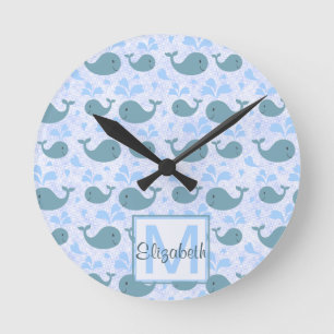 Cute Blue Whales Monogram Pattern Round Clock
