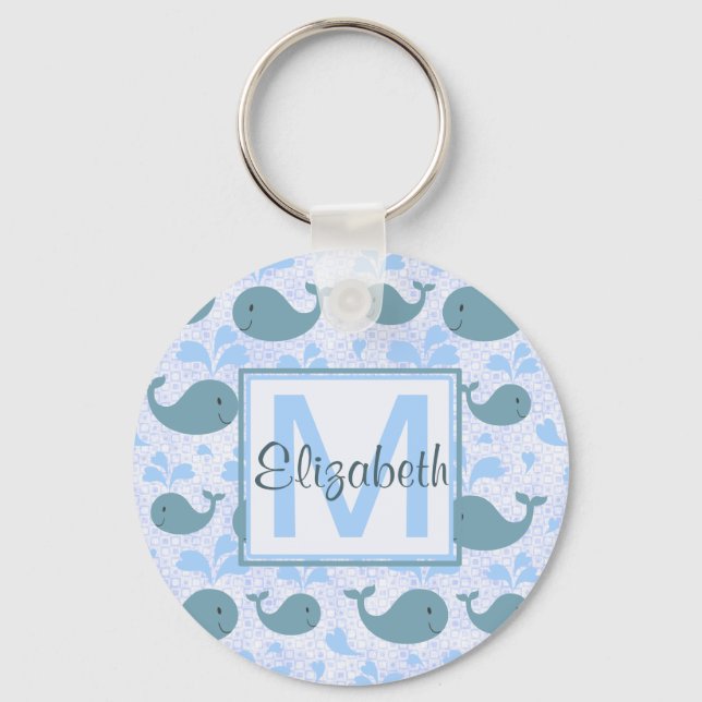 Cute Blue Whales Pattern Monogram Key Ring (Front)