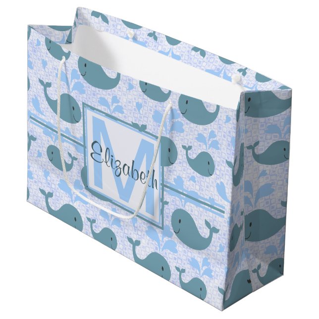 Cute Blue Whales Pattern Monogram Large Gift Bag (Front Angled)