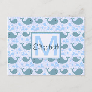 Cute Blue Whales Pattern Monogram Postcard