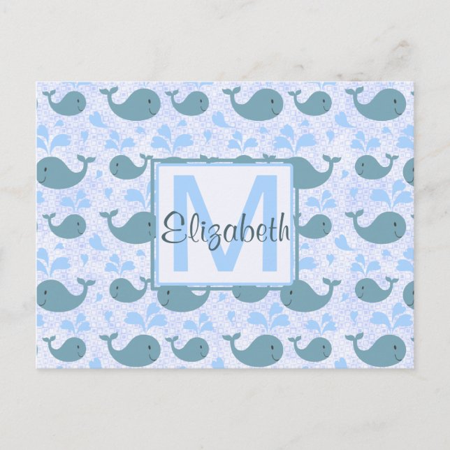 Cute Blue Whales Pattern Monogram Postcard (Front)