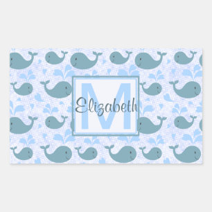 Cute Blue Whales Pattern Monogram Rectangular Sticker