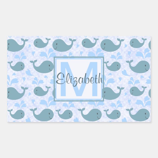 Cute Blue Whales Pattern Monogram Rectangular Sticker (Front)