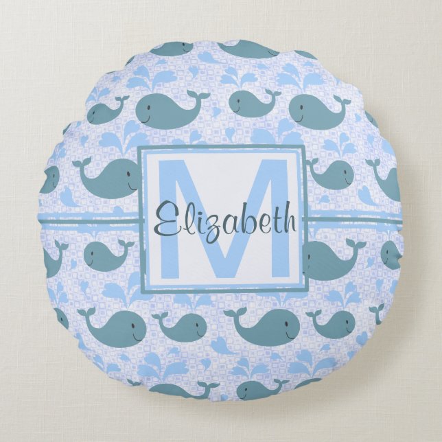 Cute Blue Whales Pattern Monogram Round Cushion (Front)