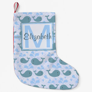 Cute Blue Whales Pattern Monogram Small Christmas Stocking