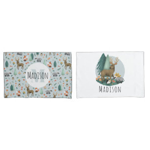 Cute Blue Whimsical Woodland Forest Pattern Kids Pillowcase