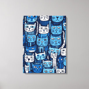 Cute Blue White Black Doodle Cat Lover Canvas Print