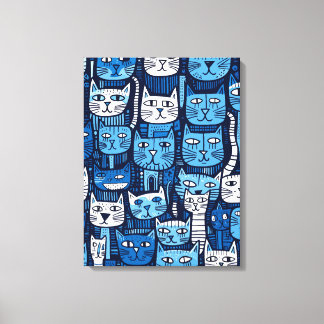 Cute Blue White Black Doodle Cat Lover Canvas Print