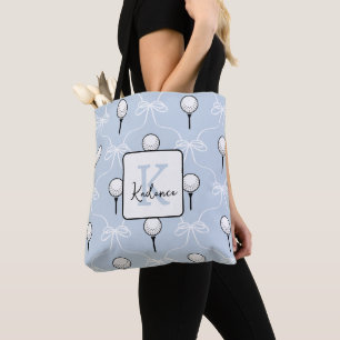 Cute Blue White Bow Golf Pattern Monogram Tote Bag