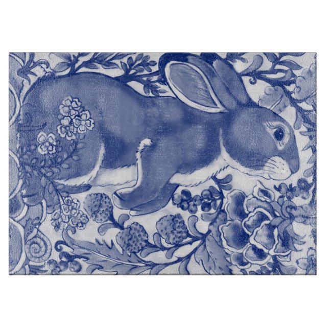 Cute Blue White Bunny Rabbit Snail Jacobean Floral Cutting Board (Front)
