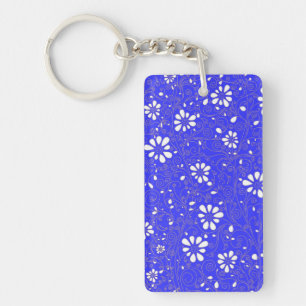 Cute blue white classic flowers pattern key ring