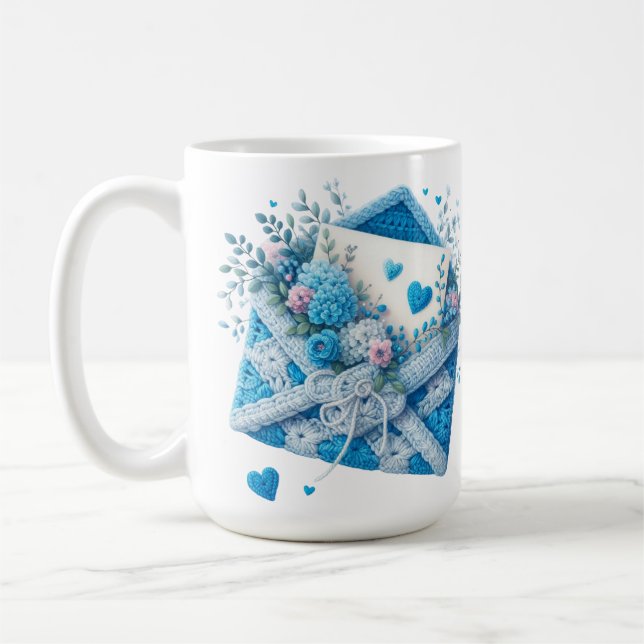 CUTE BLUE & WHITE CROCHET LOOK ENVELOPES COFFEE MUG (Left)