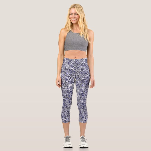 Cute blue white paisley patterns design capri leggings (Front)