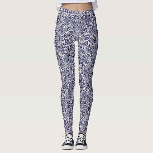 Cute blue white paisley patterns design leggings (Front)
