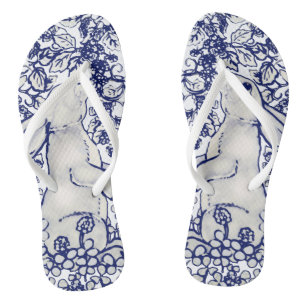 Cute Blue White Rabbit in Foliage Fun Vintage Look Jandals