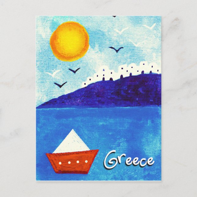 CUTE BLUE WHITE RED WATERCOLOR  GREEK BOAT POSTCARD (Front)
