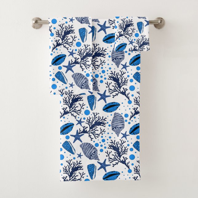 Cute blue white seashell pattern Bath towel set (Insitu)