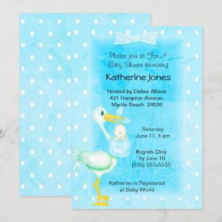 Cute Blue White Stork Baby Boy Shower Invitation