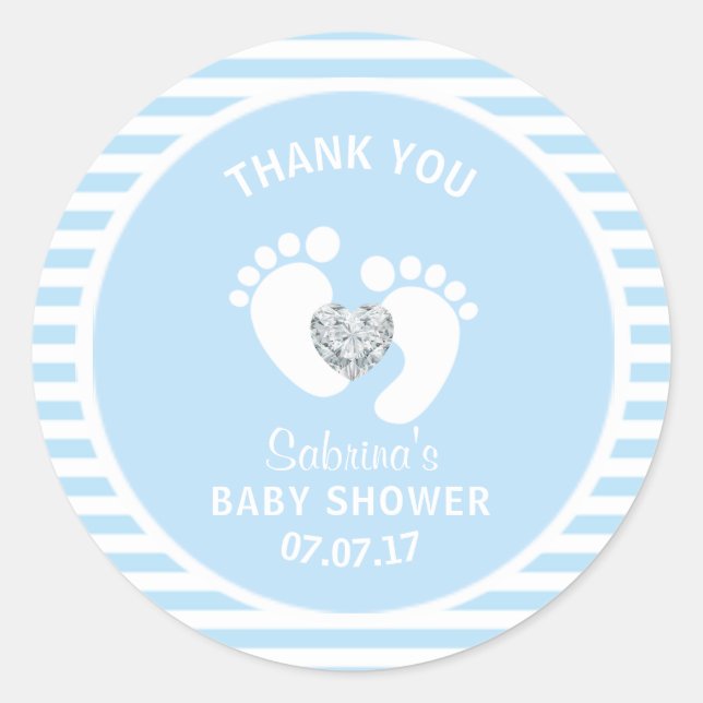 Cute Blue White Stripes Feet Heart Boy Baby Shower Classic Round Sticker (Front)