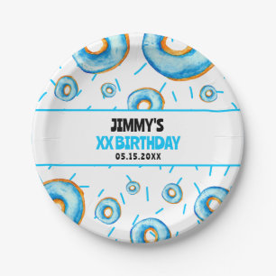 Cute Blue & White Watercolor Donut Boy Birthday Paper Plate