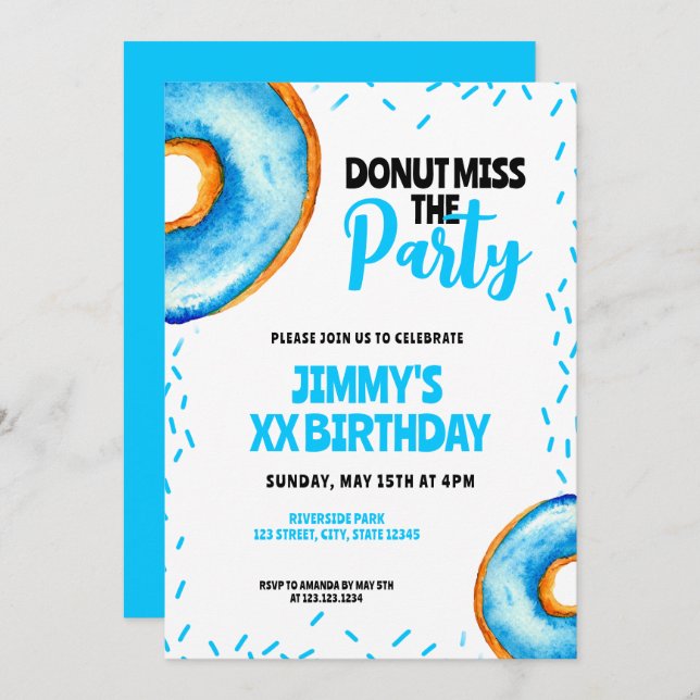 Cute Blue & White Watercolor Doughnut Boy Birthday Invitation (Front/Back)