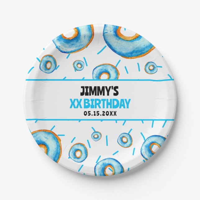 Cute Blue & White Watercolor Doughnut Boy Birthday Paper Plate (Front)