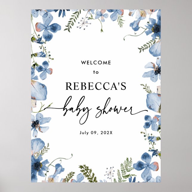Cute Blue Wildflowers Baby Shower Welcome Posters (Front)