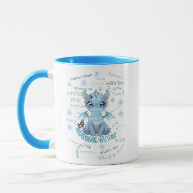 Cute Blue Winter Dragon – Magical Snowflake Mug (Left)