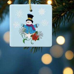 Cute Blue Winter Snowman Poinsettia Christmas  Ceramic Ornament