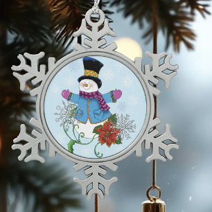 Cute Blue Winter Snowman Poinsettia Christmas  Snowflake Pewter Christmas Ornament
